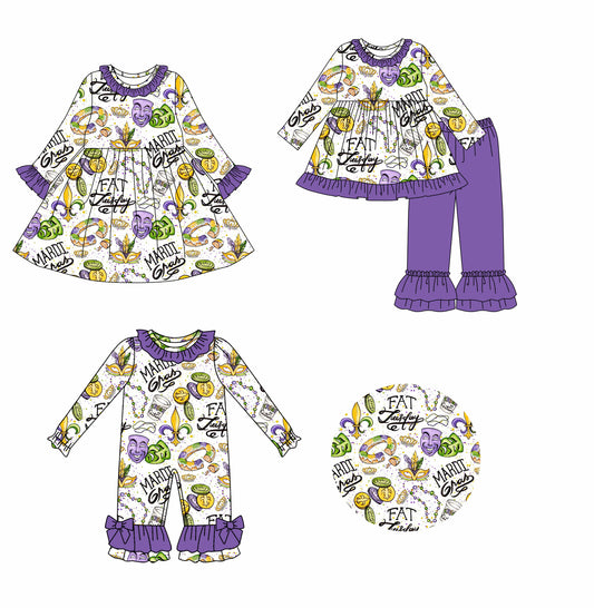 25.9.4 custom each style moq 5eta 4-6week Sibling Sisters mardi gras baby girl long sleeve pants sets and dress and rompers match family design