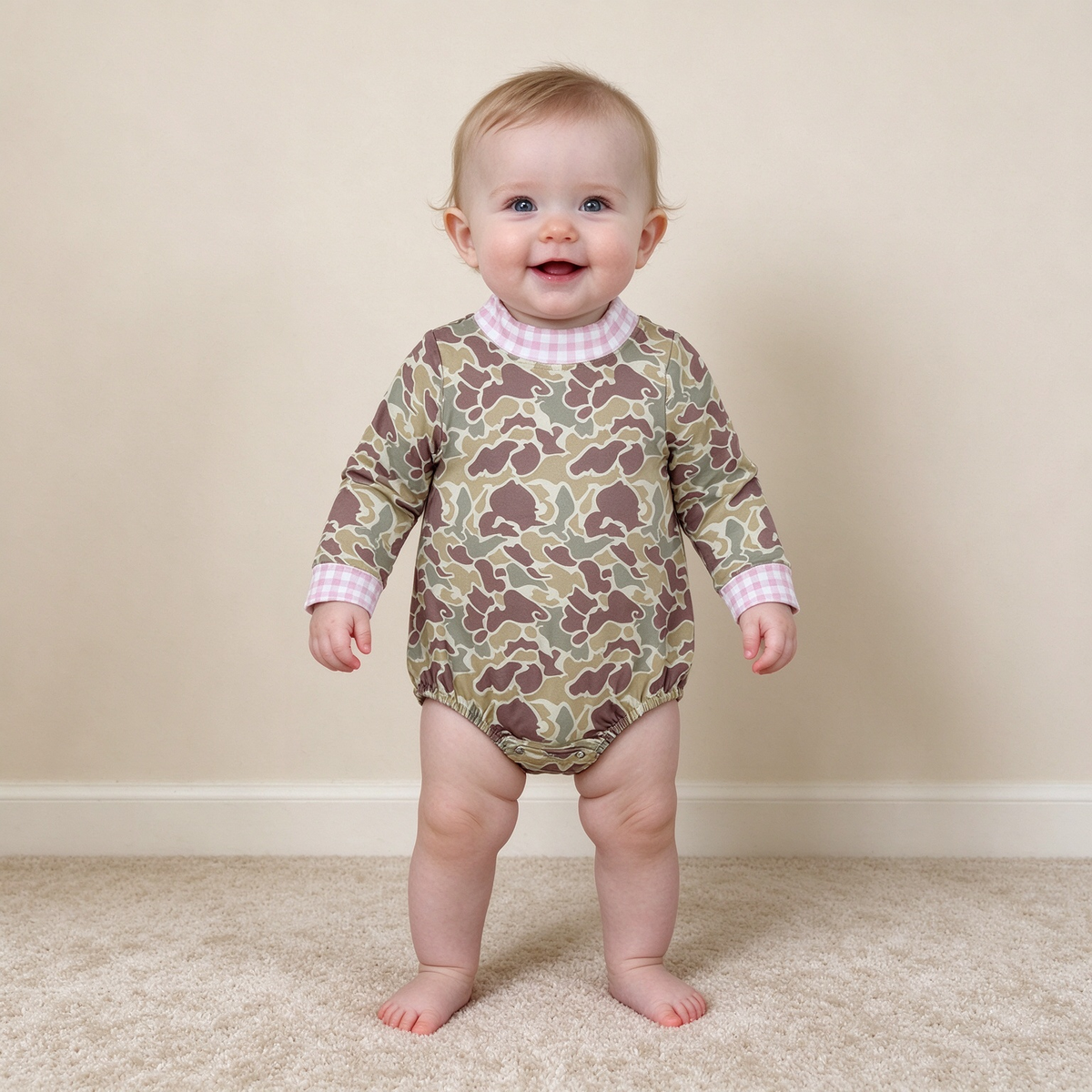 NEW RTS NO MOQ milk silk LR3280 Baby Girls High Neck Long Sleeve Green Camo Rompers