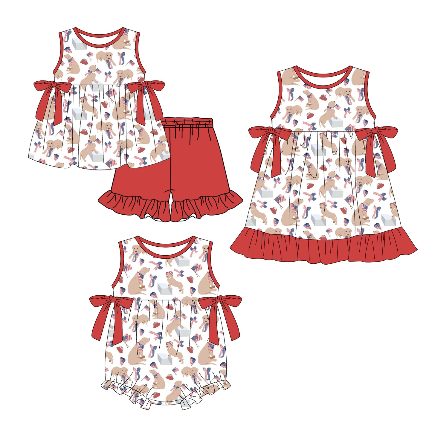 3.31 Custom moq 5 mix size Sibling Baby Girl's 4th of July Dog Bows Sleeveless Tunic Ruffle Shorts Set Cute Romper Dress for Summer