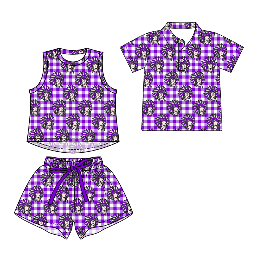 Custom moq 5 mix size milk silk summer teams Girls Sleeveless Purple Checked Top And Short Sets Boys Short Sleeve Button Polo Shirt Top