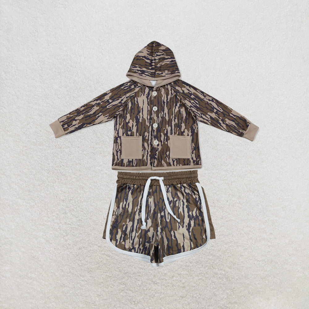 RTS NO MOQ Sibling milk silk Baby Boys Camo Hoodie Top Pocket Shorts Casual Outfit