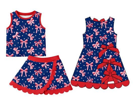 4.1 Custom moq 5 mix size Sibling Baby Girl's 4th of July Sleeveless Vest Scallop Skirt Short Yoga Active Set Yoga Active Scallop Bows Short Knee Length Dress