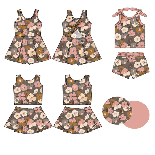 3.13 custom each style moq 5eta 4-6week Sibling Sister floral baby girls clothes Short Sleeve shorts sets and yoga dress 1 and dress 2 match family design