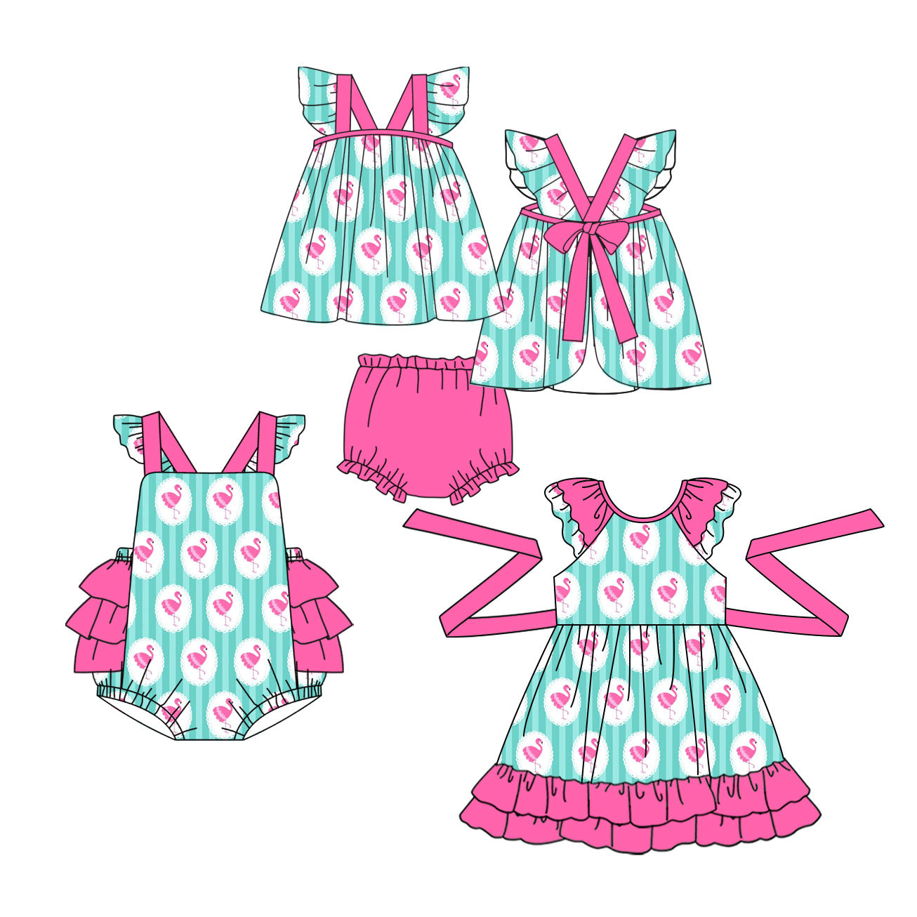 3.30 Custom moq 5 mix size Sibling Baby Girl's Stripe Flutter Sleeve Top Bummie sets Cute Romper Dress for Summer