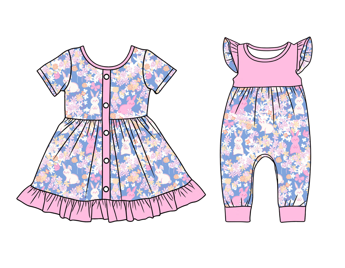 25.12.17 custom each style moq 5 eta 6-8week Sibling Sister bunny floral baby short sleeve romper and dress match design