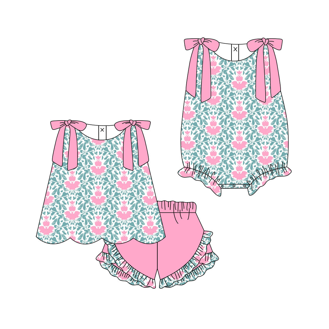 3.11 Custom moq 5 mix size Sibling Baby Girls Pink Sleeveless Top And Ruffle Shorts Set Matching Romper Outfit