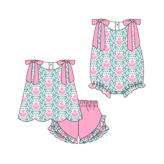 3.11 Custom moq 5 mix size Sibling Baby Girls Pink Sleeveless Top And Ruffle Shorts Set Matching Romper Outfit