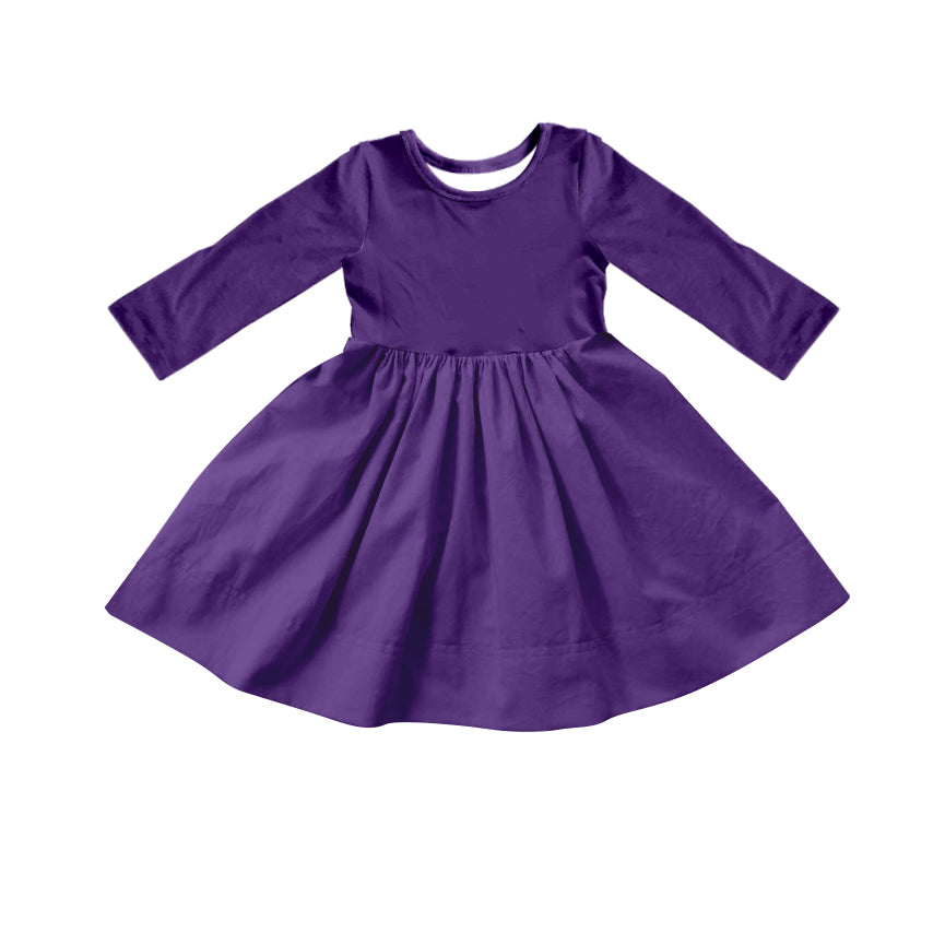 Custom moq 5 Girls Blank Cotton Long Sleeve Dress Dark Purple Long Sleeve Dress