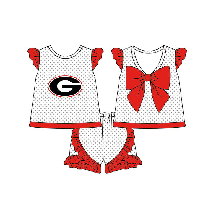 Custom moq 5 mix size milk silk summer teams Baby Girls Red  and White Polka Dot Flutter Sleeve Top with Bow Back and Ruffle Shorts Cheerleader Team Clothing Set