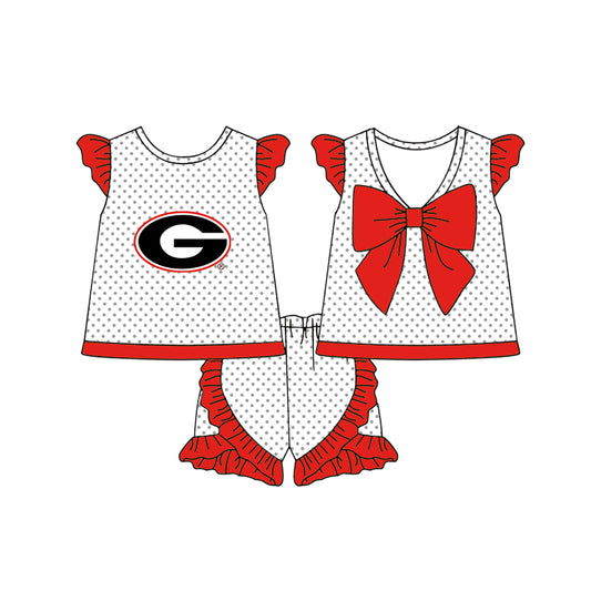 Custom moq 5 mix size milk silk summer teams Baby Girls Red  and White Polka Dot Flutter Sleeve Top with Bow Back and Ruffle Shorts Cheerleader Team Clothing Set