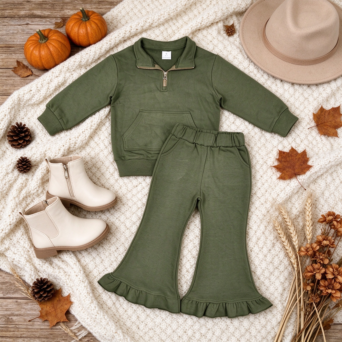 NEW RTS NO MOQ fleece GLP3489（GT1767+P1075）Baby Girls Olive Zip Pockets Top Ruffle Flare Pant Sweater Clothes Set Cute Casual Outfit