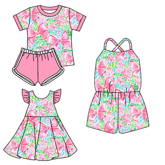 3.11 custom each style moq 5eta 4-6week Sibling Sisters bow floral baby girl short sleeve shorts sets and dress and jumpsuit match family design
