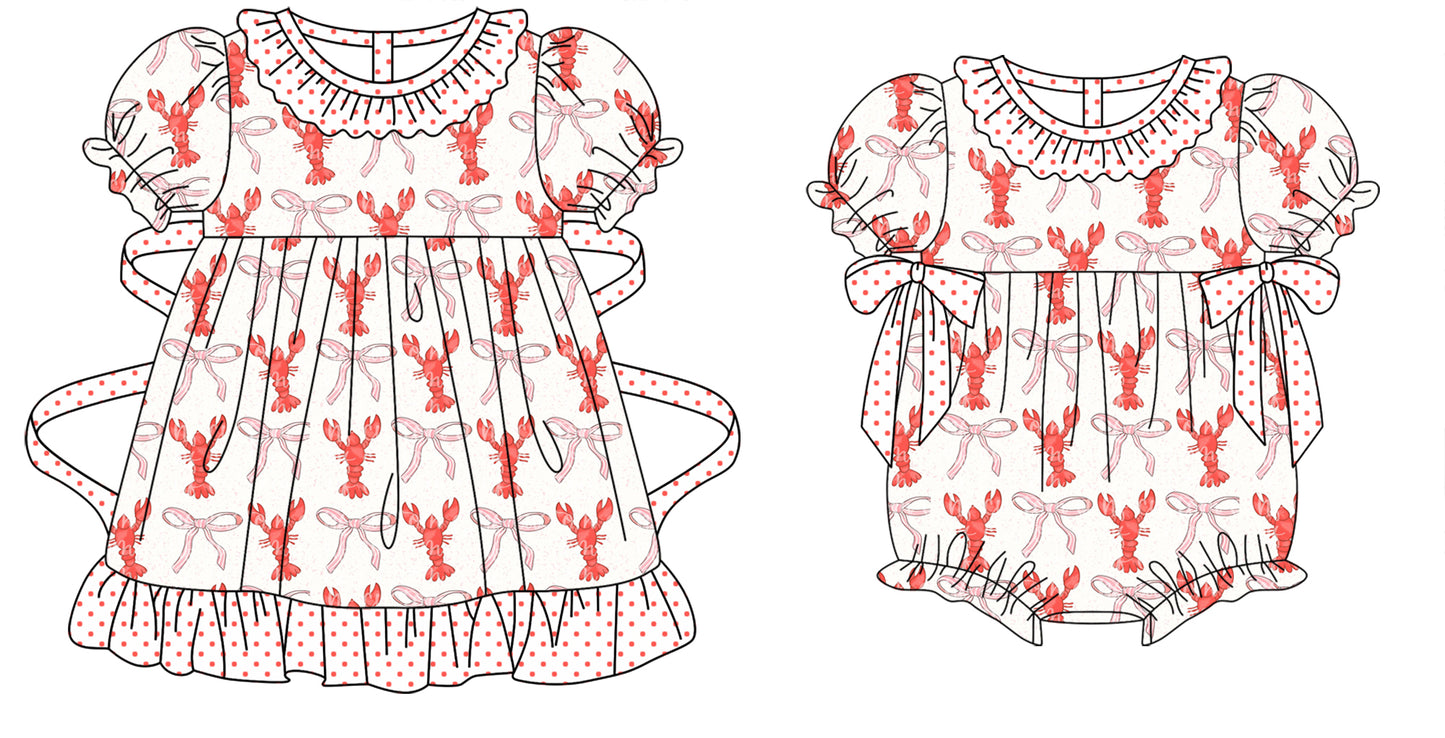 11.9 custom each style moq 5eta 4-6week Sibling Sister crayfish bow baby girl short sleeve dress and rompers match family design