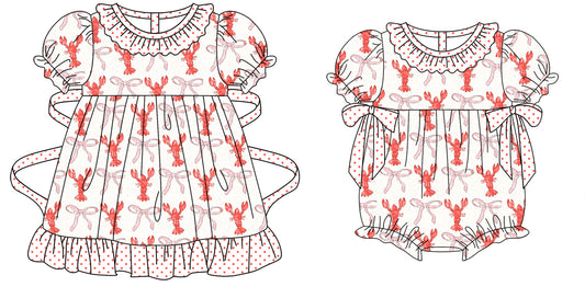 11.9 custom each style moq 5eta 4-6week Sibling Sister crayfish bow baby girl short sleeve dress and rompers match family design
