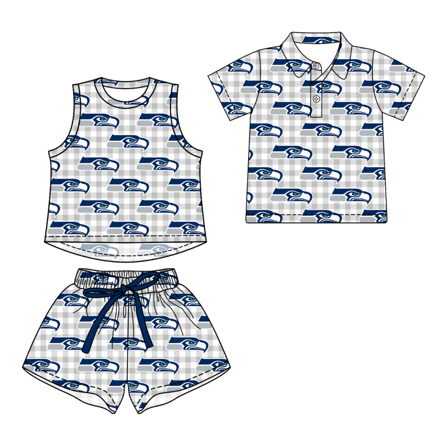 Custom moq 5 mix size milk silk summer teams Girls Grey Checked Top And Drawstring Checked  Short Sets Boys Checked Short Sleeve Button Polo Shirt Top