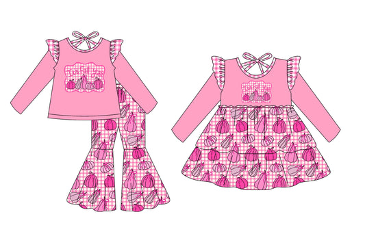 25.7.7 custom each style moq 5eta 4-6week Sibling Sisters pumpkin baby girl long sleeve pants sets and dress match family design