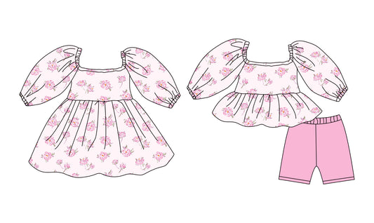 25.12.8 custom each style moq 5 eta 6-8week Sibling Siste floral pink baby short sleeve shorts sets and dress match design