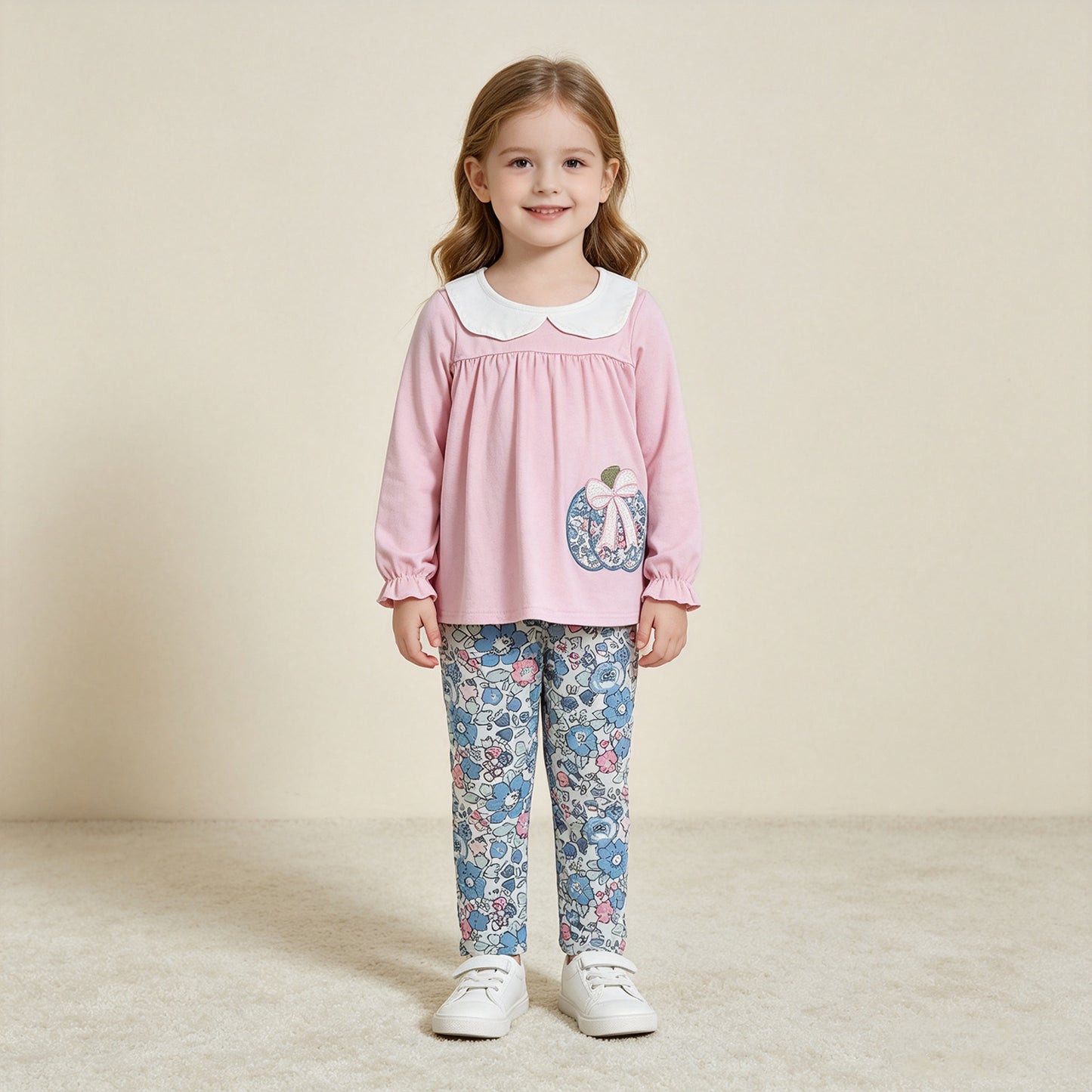 NEW RTS NO MOQ milk silk GLP3319 Embroidery Girls Floral Pumpkin Print Collared Tunic Long Legging Fall Outfit Set