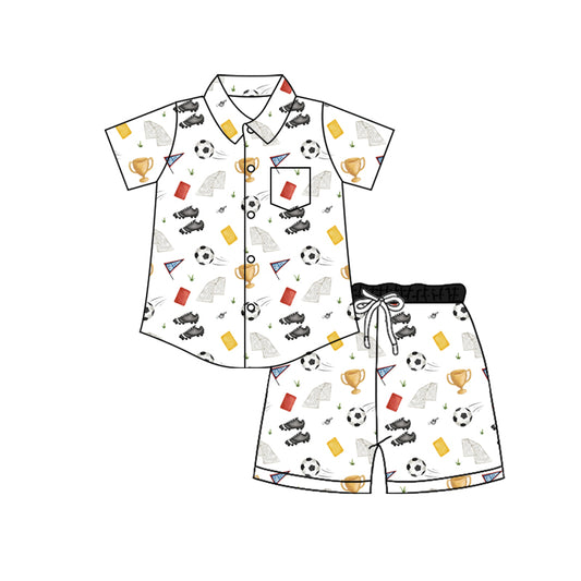 4.8 Custom moq 5 mix size Baby Boy Footballs White Short-Sleeved Button-Down Top with Pockets And Shorts Set