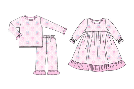 25.6.20 custom each style moq 5eta 4-6week Sibling Sisters bow pink baby girl long sleeve pants sets and dress match family design