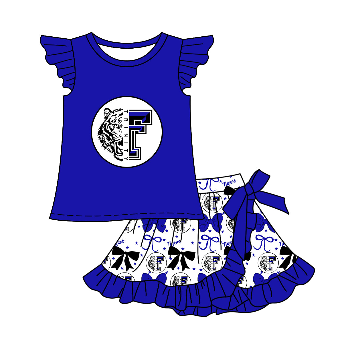 Custom moq 5 mix size milk silk baby girls clothes team blue sleeveless skirts sets 1 and skirts sets 2 and dress -25.7.18