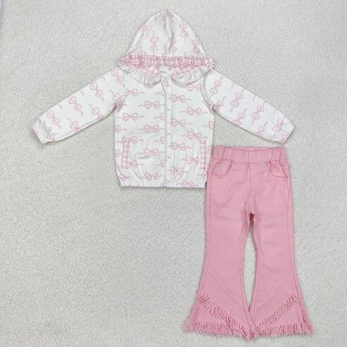 RTS NO MOQ Sibling Baby Girls Sequin Denim Bell Bottom Pant And Bows Zipper Hoodie Jacket 2-Piece Outfit Set