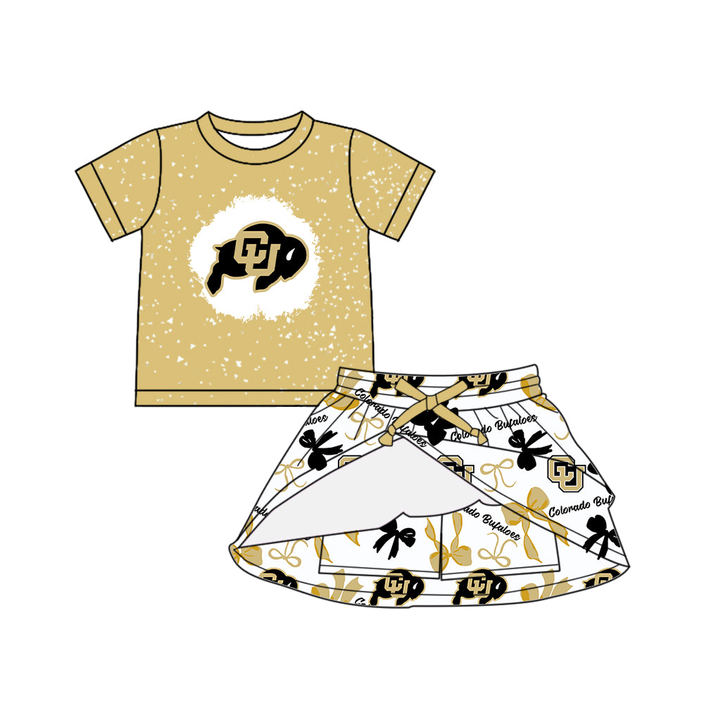 Custom moq 5 mix sizes summer teams baby girls clothes team khaki short sleeve skirts shorts sets dress 1 and dress 2 and dress 3 and dress 4-25.5.24