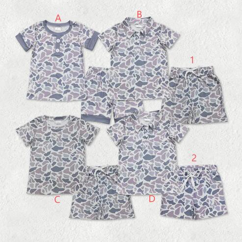 RTS NO MOQ Sibling Baby Boys Light Grey Camouflage Short Sleeve Shirt with Pockets Shorts Outfit Set