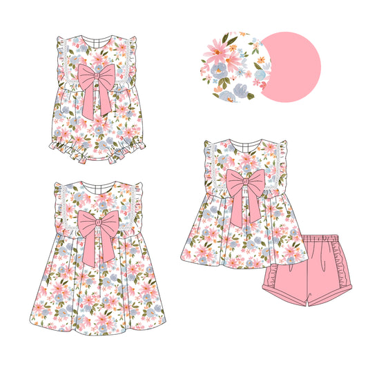 3.28 custom each style moq 5eta 4-6week Sibling Sisters floral baby girl short sleeve shorts sets and dress and rompers match family design