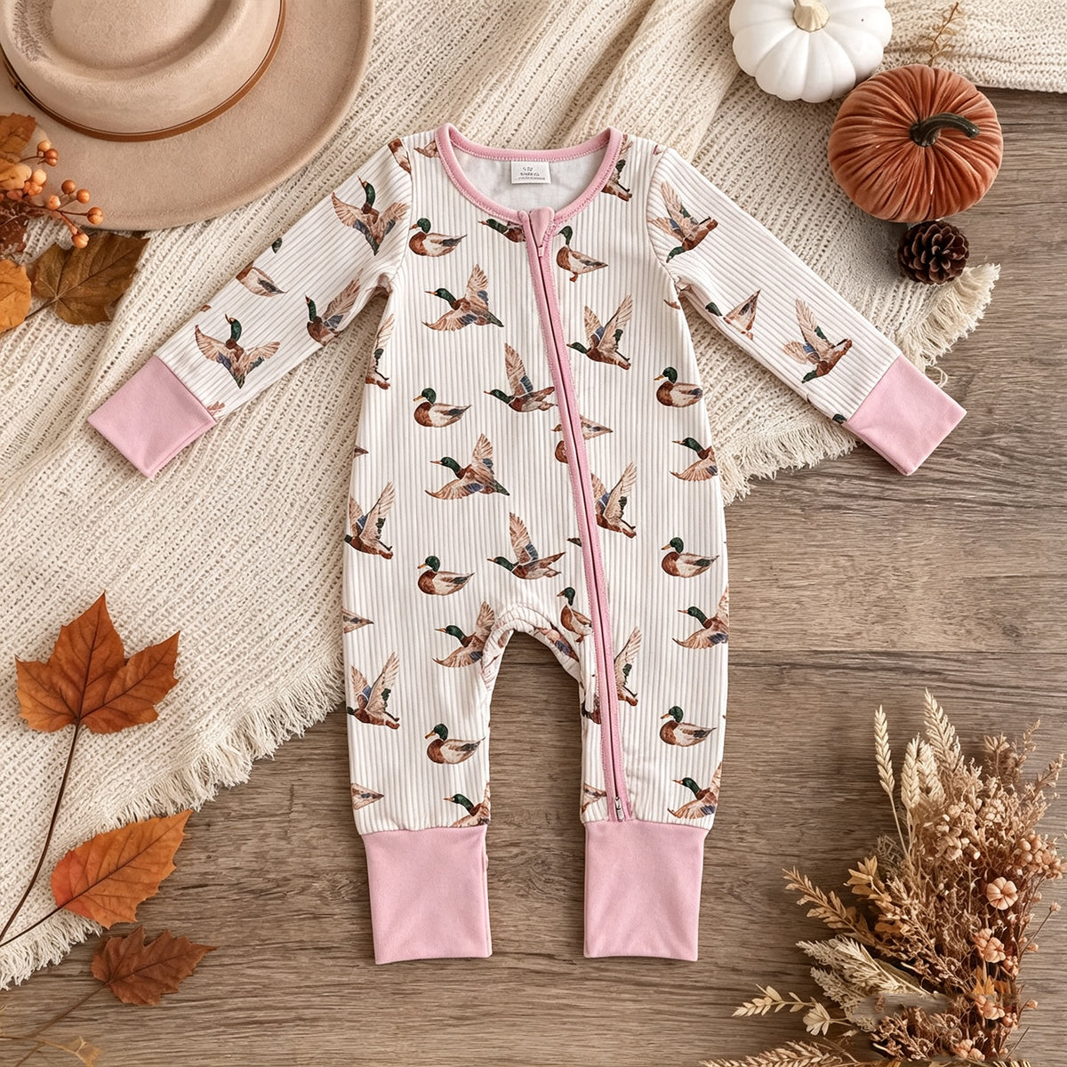 NEW RTS NO MOQ milk silk LR3218 Baby Girls Pink Stripe Ducks Two Way Zip Convertible Rompers