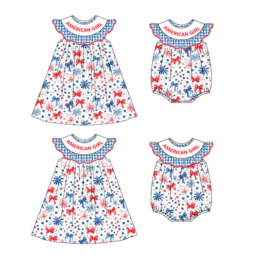 4.22 custom each style moq 5eta 4-6week Sibling Sisters AMERICAN GIRL bow baby girl short sleeve dress and rompers match family design