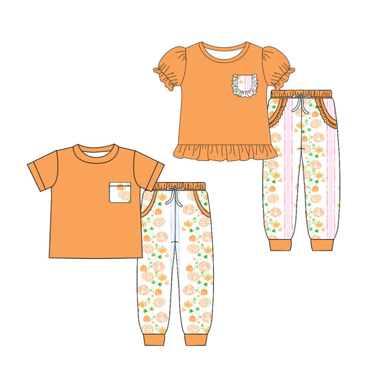 4.26 custom each style moq 5eta 4-6week Sibling Sister pumpkin baby boy pants sets 1 and sets 2 match family design