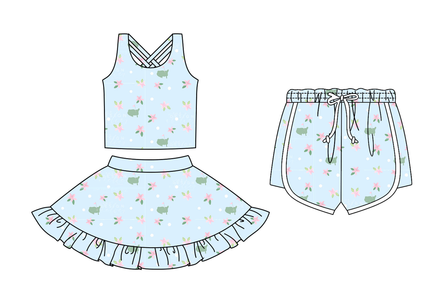 Custom moq 5 mix size Sibling Baby Girls Floral Print Blue Sleeveless Top And Skirt Set with Shorts Cute Toddler Outfit
