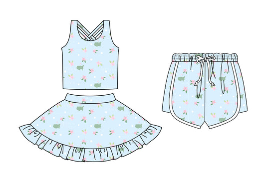 Custom moq 5 mix size Sibling Baby Girls Floral Print Blue Sleeveless Top And Skirt Set with Shorts Cute Toddler Outfit