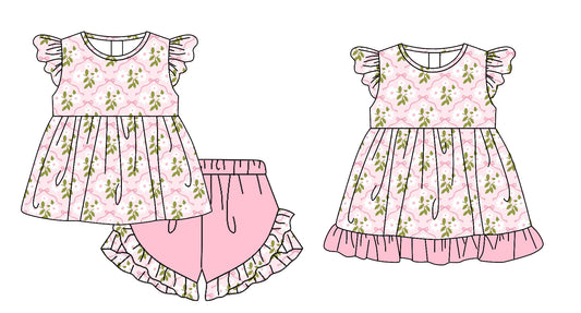 25.11.20 custom each style moq 5 eta 6-8week Sibling Sister bow floral baby girl short sleeve shorts sets and dress match design