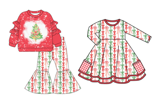 25.7.28 custom each style moq 5eta 4-6week Sibling Sisters Christmas bow baby girl long sleeve pants sets and dress match family design
