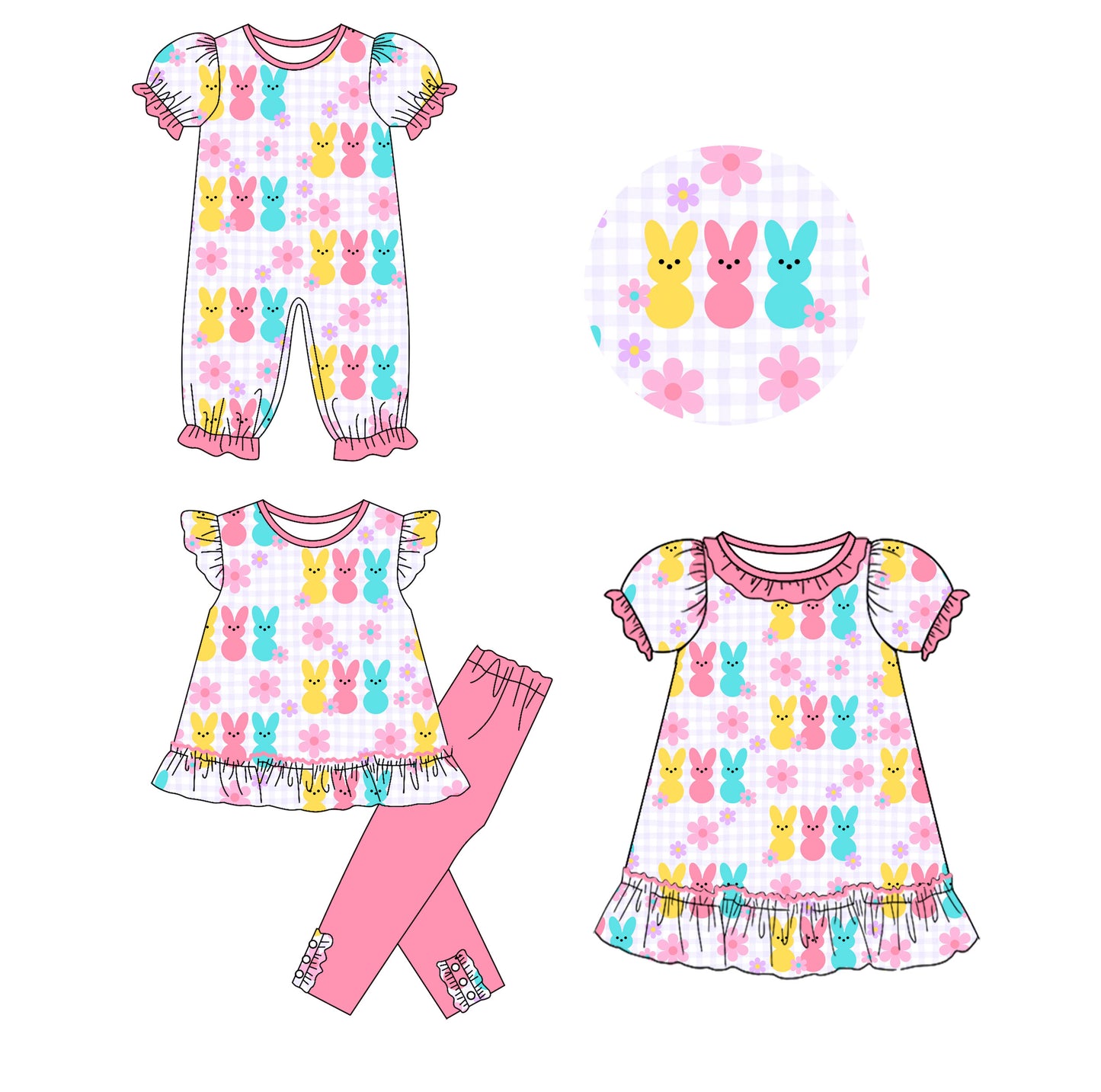 25.9.22 custom each style moq 8 eta 6-8week Sibling Sisters bunny floral baby girl short sleeve pants sets and dress and rompers match family design