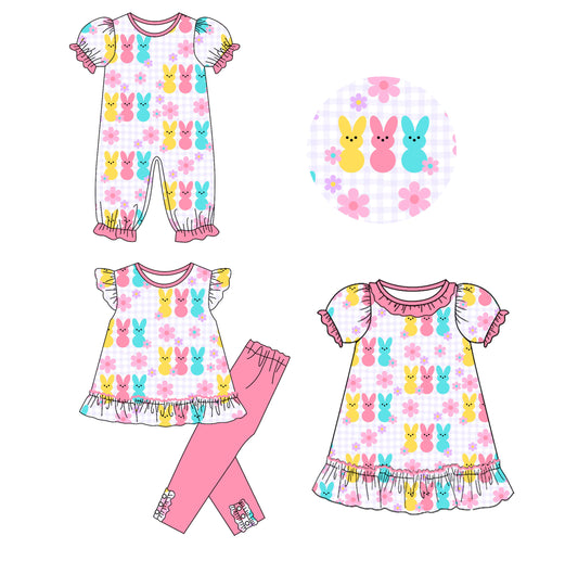 25.9.22 custom each style moq 8 eta 6-8week Sibling Sisters bunny floral baby girl short sleeve pants sets and dress and rompers match family design