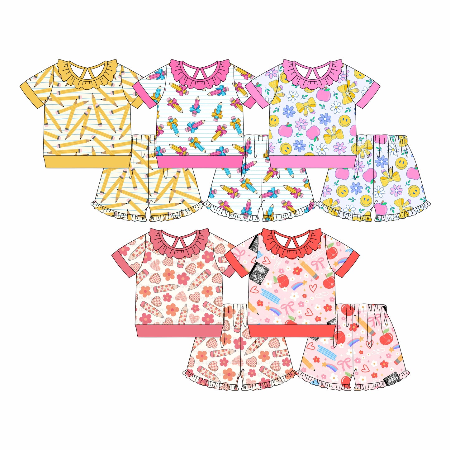 3.2 Custom moq 5 mix size Sibling Baby Girl Back To School  Short-Sleeved Top And Shorts Set Cute Clothing for Little Ones