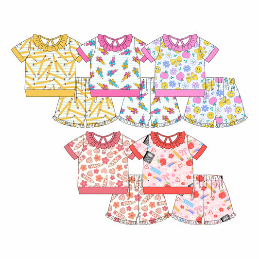 3.2 Custom moq 5 mix size Sibling Baby Girl Back To School  Short-Sleeved Top And Shorts Set Cute Clothing for Little Ones