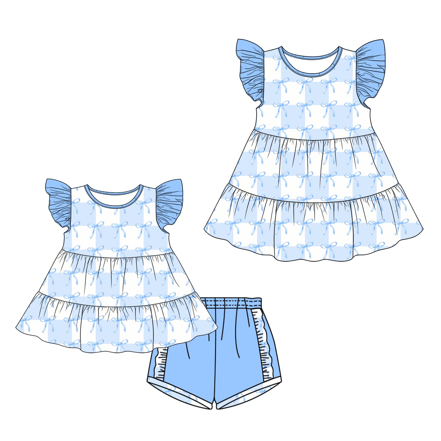 26.1.19 custom each style moq 5 eta 6-8week Sibling Sister bow blue baby short sleeve shorts sets and dress match design