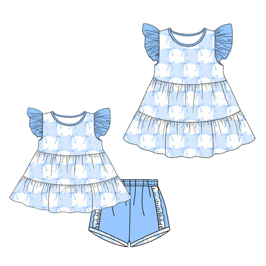 26.1.19 custom each style moq 5 eta 6-8week Sibling Sister bow blue baby short sleeve shorts sets and dress match design