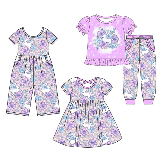25.9.30 custom each style moq 8 eta 6-8week Sibling Sisters bunny floral purple baby girl short sleeve shorts sets and dress and jumpsuit match family design