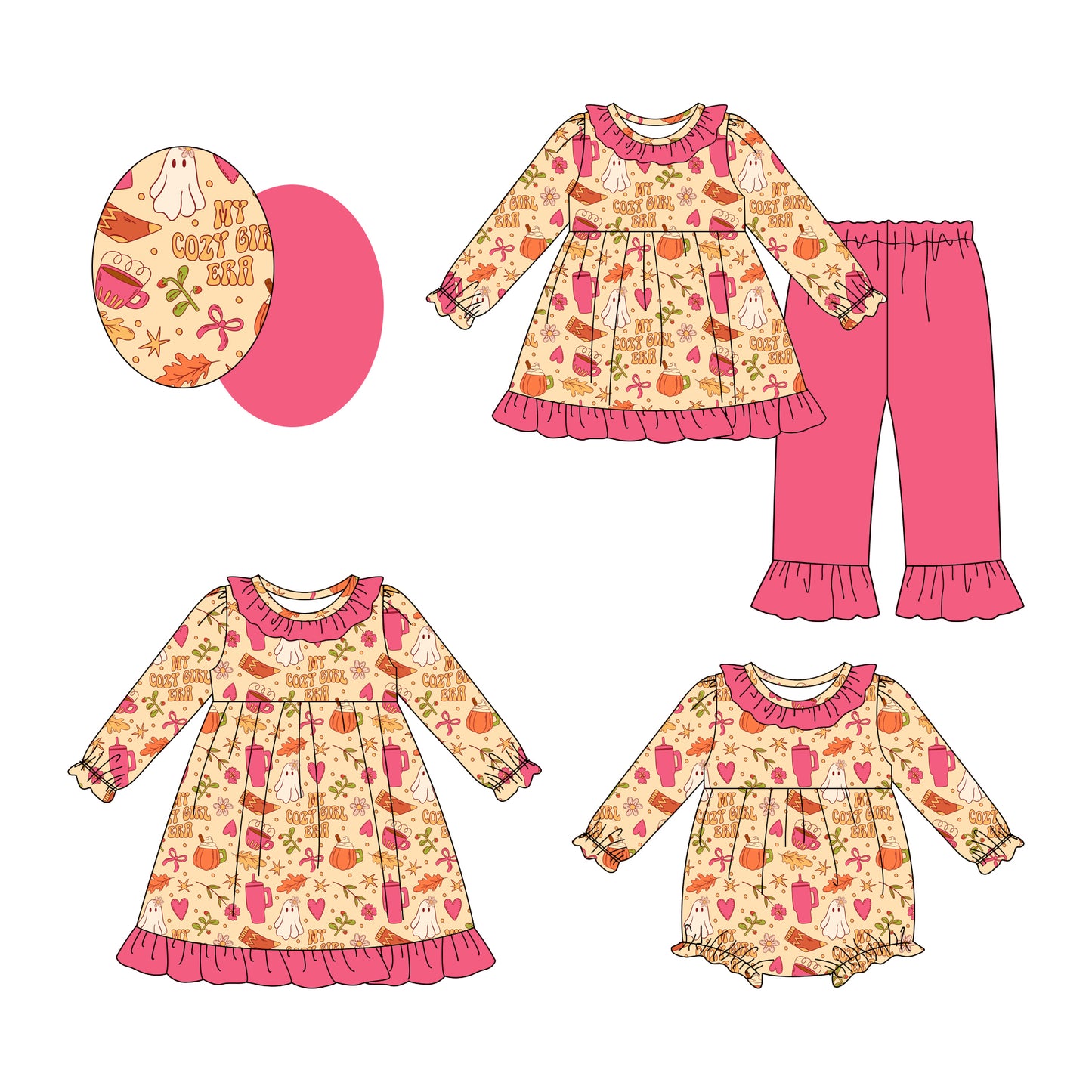 25.8.2 custom each style moq 5eta 4-6week Sibling Sisters ghost bow baby girl long sleeve pants sets and dress and rompers match family design