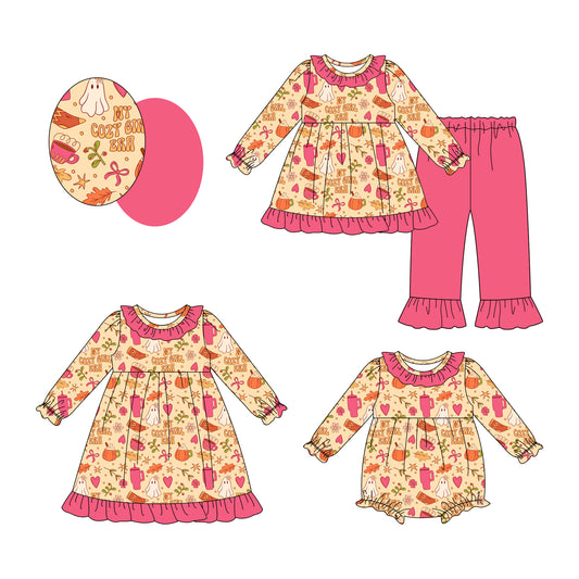 25.8.2 custom each style moq 5eta 4-6week Sibling Sisters ghost bow baby girl long sleeve pants sets and dress and rompers match family design