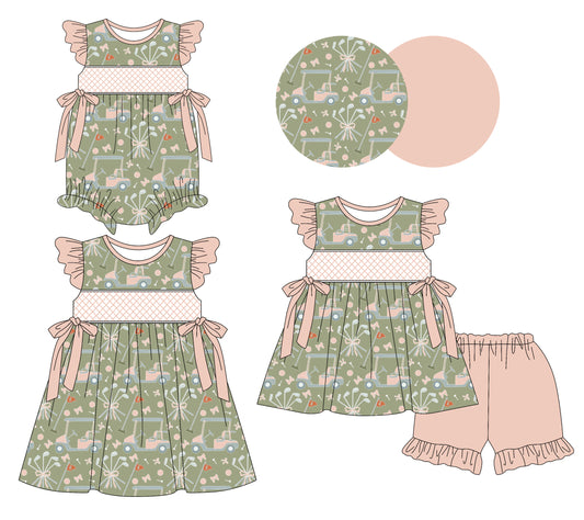 3.10 custom each style moq 5eta 4-6week Sibling Sisters bow baby girl short sleeve shorts sets and dress and rompers match family design