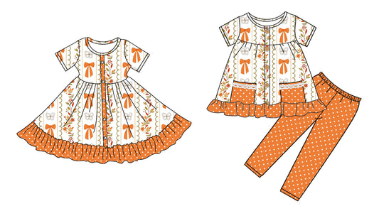 5.1 custom each style moq 5eta 4-6week Sibling Sister bow baby girl pants sets and dress match family design