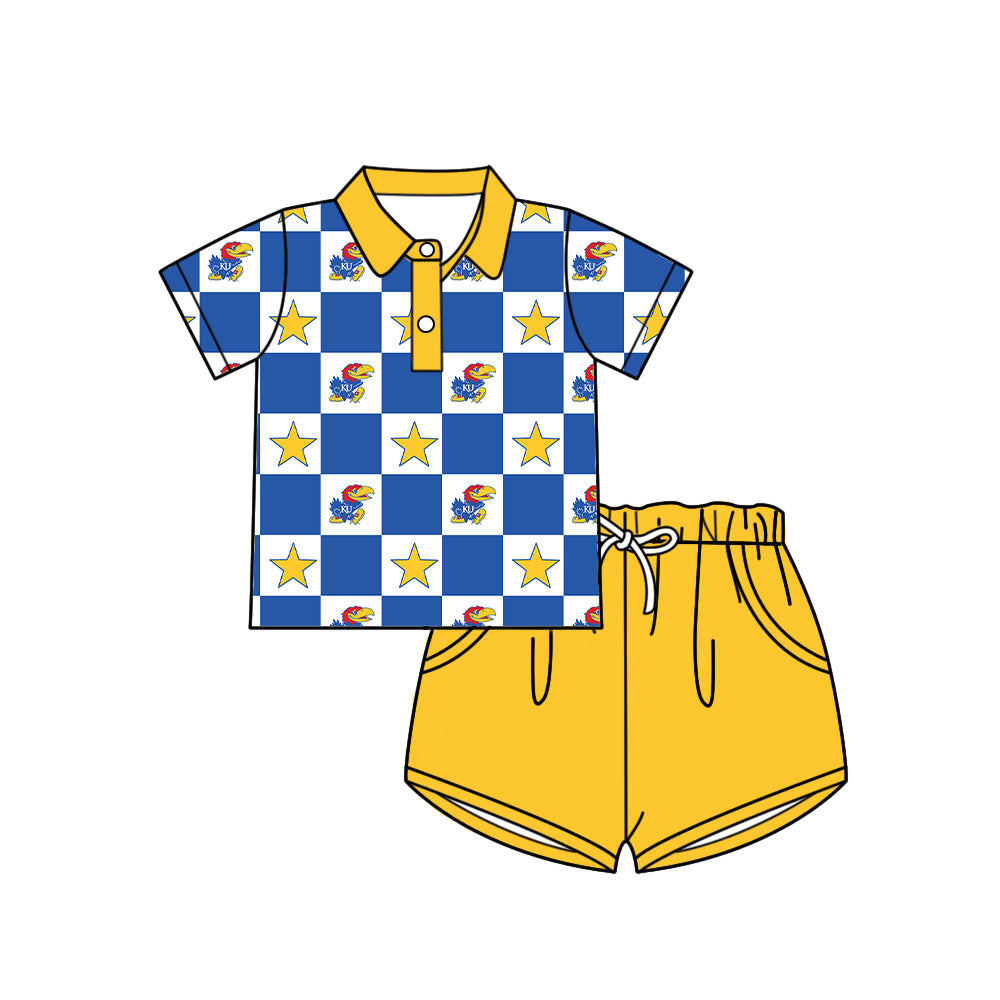 Custom moq 5 mix size milk silk summer teams Blue Checked Bows Baby Girl Sleeveless Top Skirt Short Set Dress And Shorts Yoga Outfit Boy's Top Shorts Set Romper