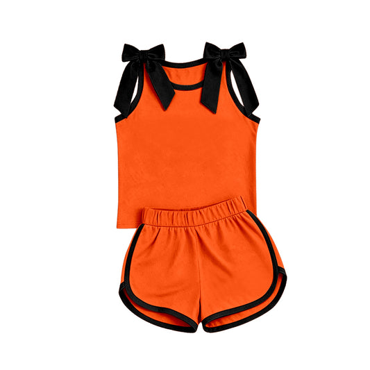 custom moq 5 mix size Baby Girls Black Bow Sleeveless Orange Top Shorts Team Athletic Set