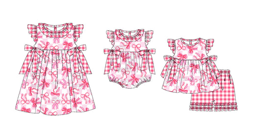 11.20 custom each style moq 5eta 4-6week Sibling Sister bow pink baby girl short sleeve shorts sets and dress and rompers match family design